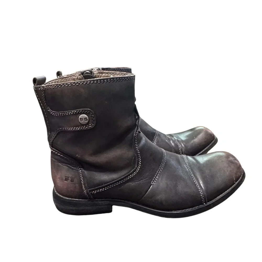 Bed|Stü Men's Brown Leather Engineer Moto Ankle Boots Side Zip Distressed 9.5